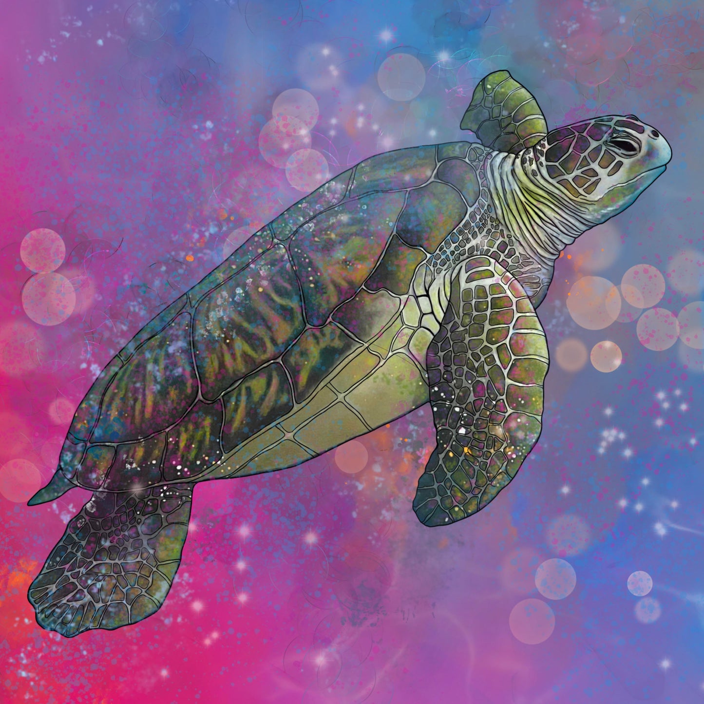 Colorful Sea turtle Art Print on Watercolor Paper - 8x8 inches