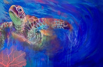 Sea Turtle with Sea Fan Art Print on Watercolor Paper - 15 x 23 in